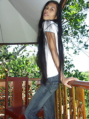 Very skinny Thai ladyboy stripping for us